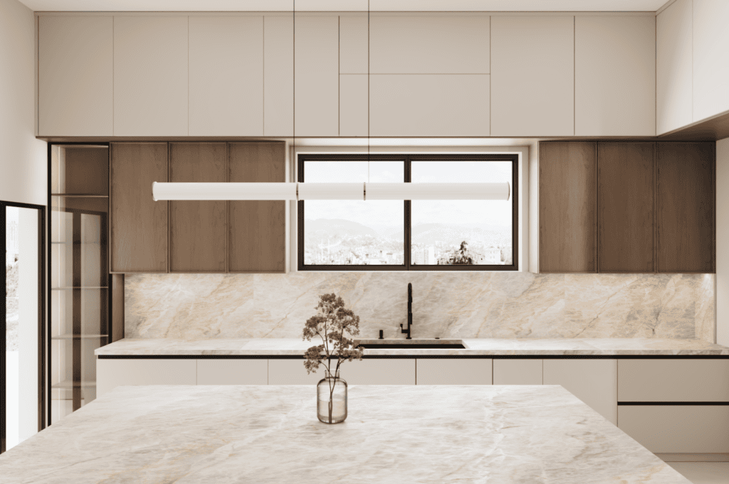Bespoke kitchen by EHN Interiors with marble benchtops, timber accents, and soft neutral tones for a refined interior feel.