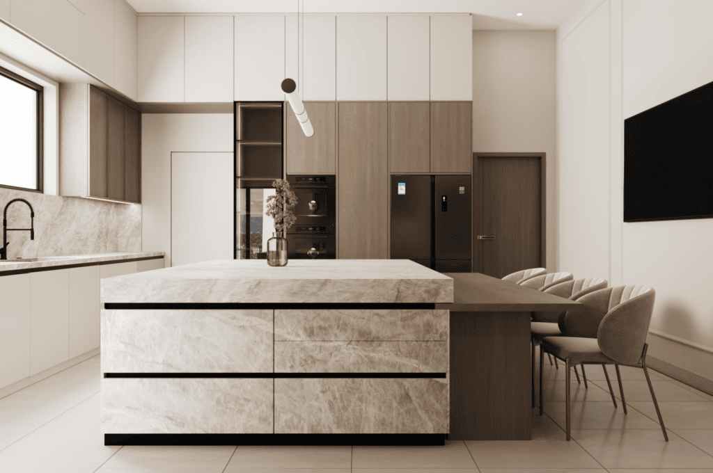 Bespoke kitchen by EHN Interiors with marble benchtops, timber accents, and soft neutral tones for a refined interior feel.