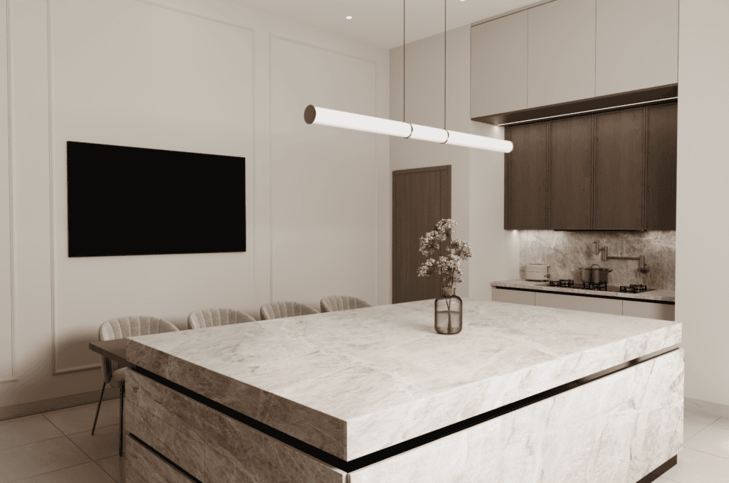 Bespoke kitchen by EHN Interiors with marble benchtops, timber accents, and soft neutral tones for a refined interior feel.