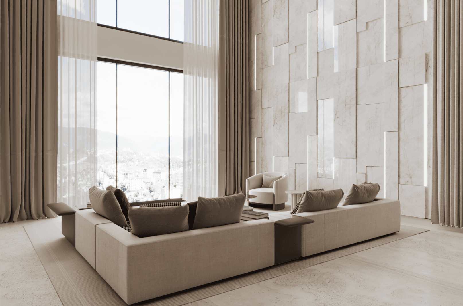 Luxury double-height living room in Sydney designed by EHN Interiors, featuring contemporary finishes and natural light